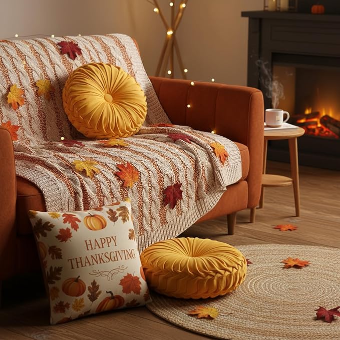 2 Pcs Round Throw Pillows 15 Inch Decorative Velvet Pleated Pumpkin Pillows Boho Floor Pillow with Center Button for Living Room Couch Chair Bed Sofa Home Decoration (Yellow)