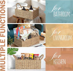 Wicker Divided Baskets with Handles, Seagrass Pantry Baskets, Storage Basket Woven Natural for Organizing Bathroom Kitchen Shelves Office Supplies Organization, Wicker Storage Baskets 4 Section.