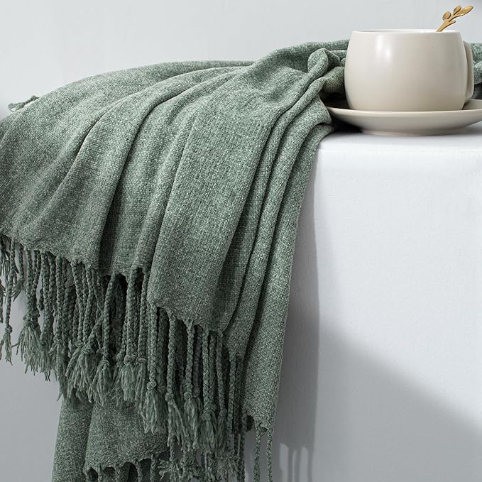 Chenille Throw Blanket for Couch with Tassels,60"X80" Soft Lightweight Knitted Boho Decorative Blankets for Bed and Sofa,Sage Green