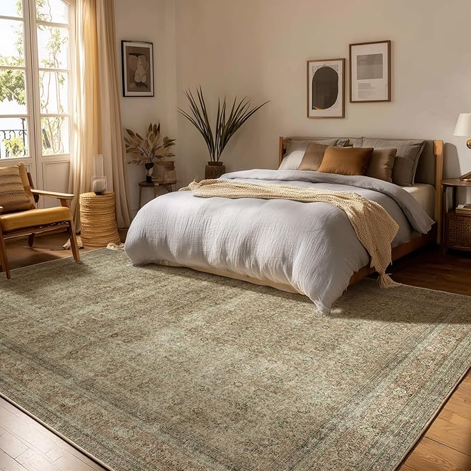 10x14 Area Rug Washable Rugs: Large Living Room Rug Stain Resistant Non Slip Distressed Vintage Low Pile Faux Wool Soft Rugs for Bedroom Farmhouse Dining Room Nursery Indoor
