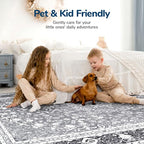 Lessymo 4 x 6 Area Rugs for Living Room- Machine Washable Area Rugs Boho Faux Wool Low Pile Area Rug for Bedroom Floral Medallion Vintage Rugs with Non-Slip Rubber, Grey White