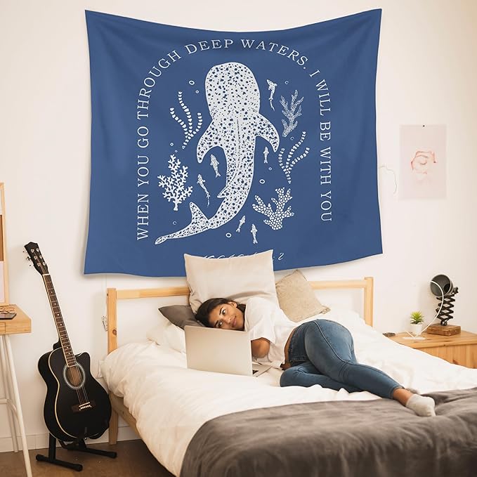 HUGANE Whale Shark Christian Tapestry, Isaiah 43:2 Bible Verse Tapestry Wall Hanging, Religious Bible Scripture Wall Blanket Backdrop Decor for Home Bedroom Living Room, 50x60 Inch,Color-C
