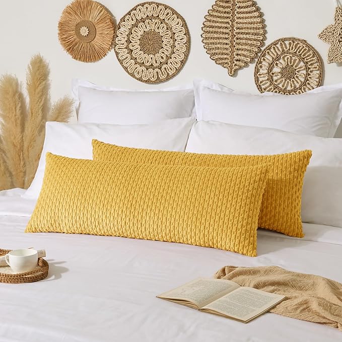 Kevin Textile 14x36 Inch Long Lumbar 1 Pack Boho Decorative Throw Pillow Cover Soft Striped Corduroy Rectangle Cushion Case Farmhouse Solid Color Accent for Living Room Couch Sofa Bed, Mustard Yellow