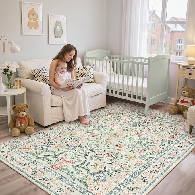 Lahome Boho Rugs for Living Room 5x7, Machine Washable Area Rugs Non-Slip, Vintage Floral Soft Kids Bedroom Carpet Rug for Home Girls Playroom Foyer Entryway, Beige/Multi