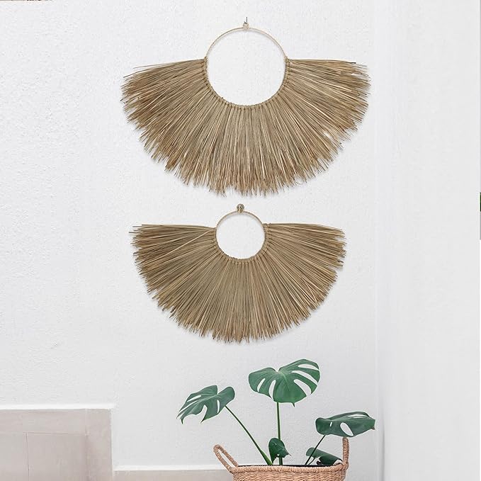 PEMAR Rustic Boho Wall Hanging Decor: Set of 3 Woven Seagrass Fans - Perfect for Living Room, Bedroom & Headboard Art (XL: 35.4" D, L: 27.6" D, M: 19.7" D)