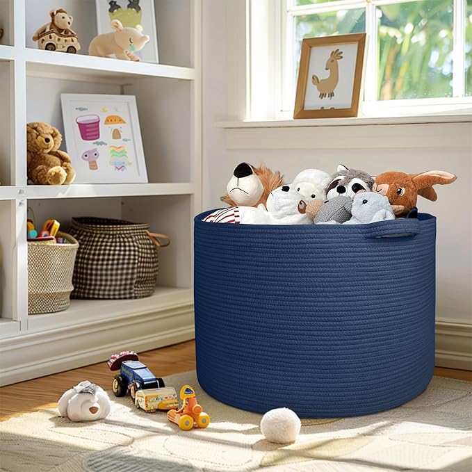 115L Dark Blue Basket for Organizing, 23.6" x 15.7" XXXL Woven Cotton Rope Laundry Basket, Oversized Blanket Storage for Living Room Bedroom, Kids Toy Box Organizer, Pool Towel Storage Bin