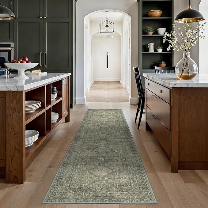 GENIMO Runner Rug 2x8 Non Slip Machine Washable Hallway Runner Rug, Low Pile Lightweight Rugs for Entryway, Hallway, Kitchen and Corridor, Sage/Blue
