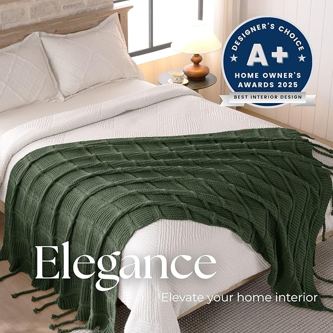 Boho Knitted Chenille Blanket with Tassels - Lightweight & Soft All-Season Throw - 3D Classic Pattern for Living Room Bedroom Couch, Imperial Green, Twin 60"x80"
