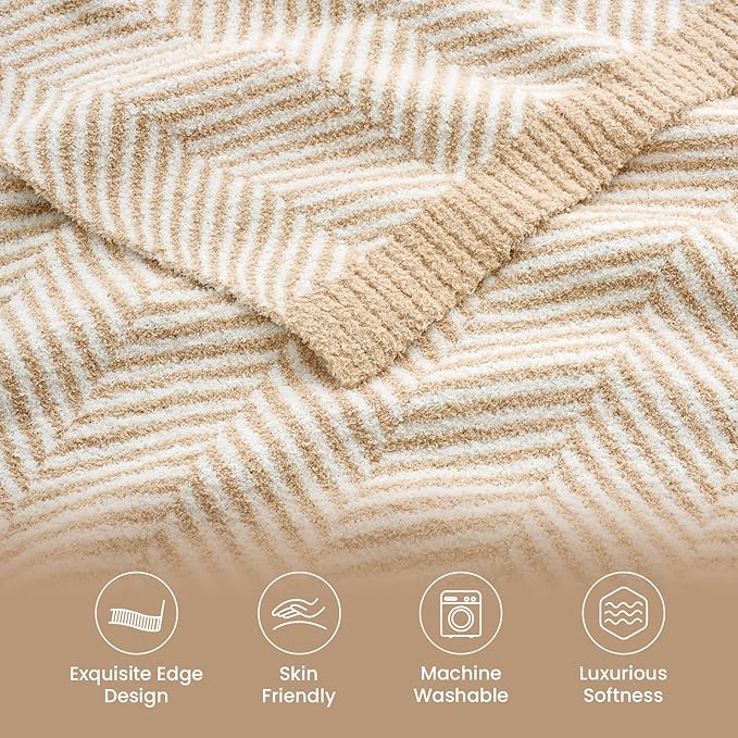 Snuggle Sac Herringbone Throw Blanket for Couch, Reversible Super Soft Warm Blankets Cozy Knit Fuzzy Plush Lightweight Throws for Sofa, Bed, Camping, Beige, 50x60 inches