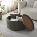 30 Inch Round Storage Ottoman Coffee Table, Modern Boucle Ottoman with Lift-Off Lid and Solid Wood Legs for Living Room, Bedroom, Corners, Apartments (Green)