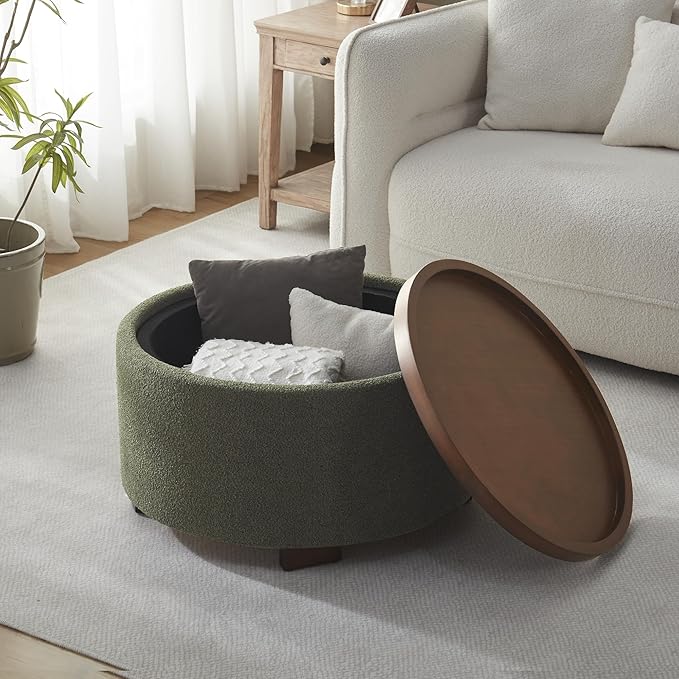 30 Inch Round Storage Ottoman Coffee Table, Modern Boucle Ottoman with Lift-Off Lid and Solid Wood Legs for Living Room, Bedroom, Corners, Apartments (Green)