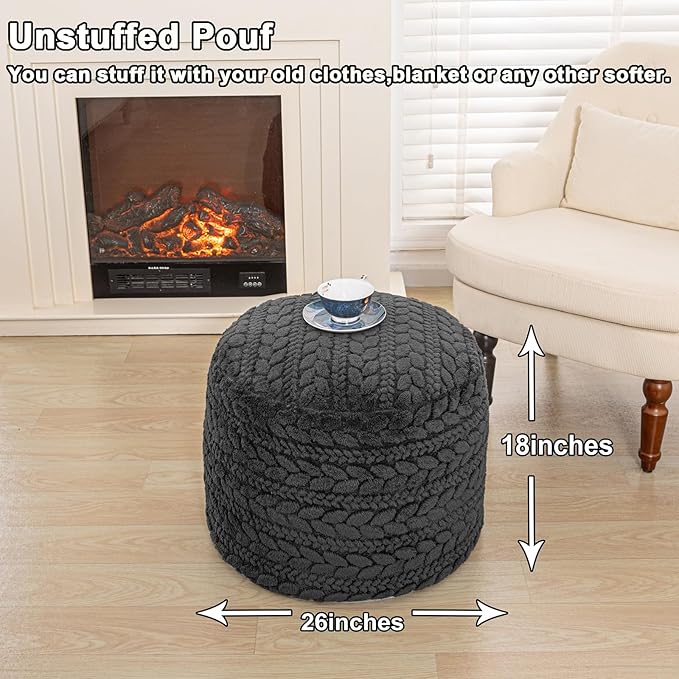 Unstuffed Ottoman Pouf Cover – Round Faux Fur Footstool Plush Floor Pouf (No Filler Included) Perfect for Living Room, Bedroom, or Office Lounge (Gray, 26x26x18 in)