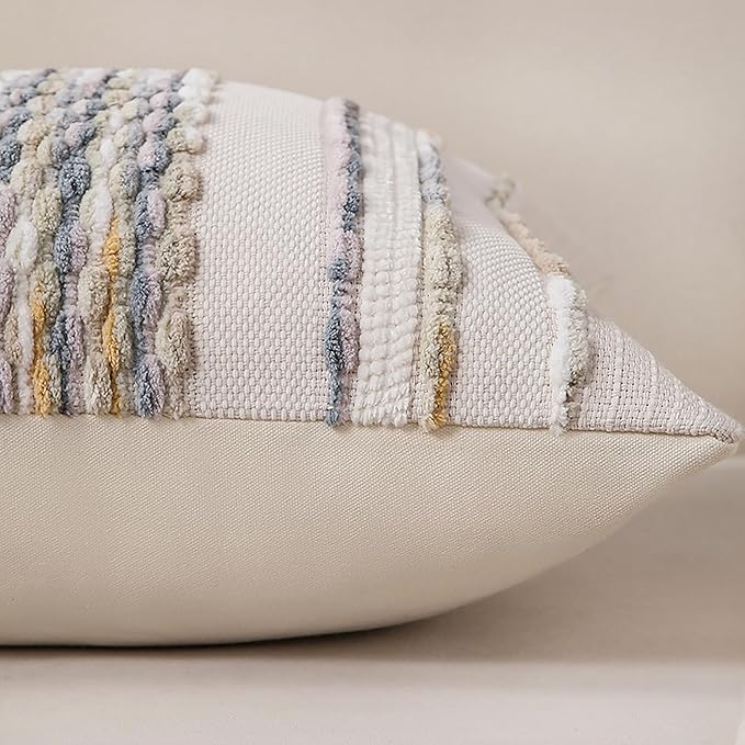 Boho Striped Throw Pillow Covers 18x18 Inch Set of 2 Farmhouse Square Decorative Pillow Covers Chenille Tufted Accent Neutral Pillowcase Grey Blue Cushion Cover for Living Room Couch Sofa Bed