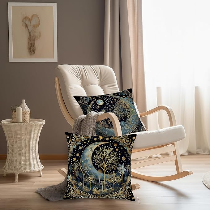 Vintage Dark William Morris Moon Night Forest Decor Pillow Covers 18x18 Set of 2,Black Forest Decor,Dark Dcademia Floral Decorative Throw Pillow Covers for Home Bedroom Living Room