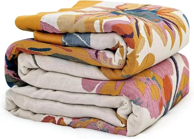 Boho Blanket for Bed 100% Cotton Bohemian Throw Blankets Ultra Soft Woven Muslin Decorative Blankets All Seasons Vintage Quilt Knitted Blanket for Sofa Chair(Yellow, 90"x98")