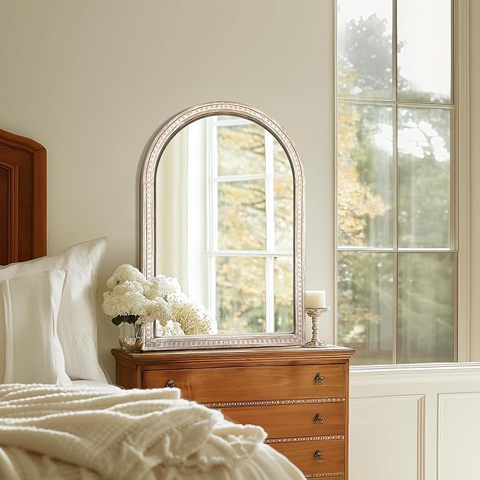 Arched Vanity Wall Mirror 36 x 24 Inch Beaded Wood Frame Boho Farmhouse Decorative Mirror for Bathroom Bedroom Entryway Living Room