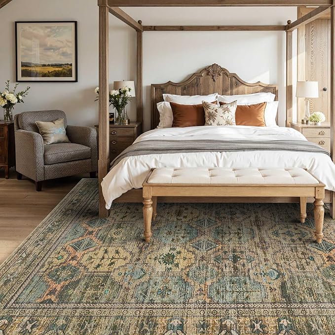 8x10 Area Rugs for Living Room Bedroom, Large Washable Rug, Brown Vintage Retro Boho Rug, Non Slip & Low Pile Faux Wool Thin Carpet for Indoor Dining Room and Kids Room(Brown 8x10ft)