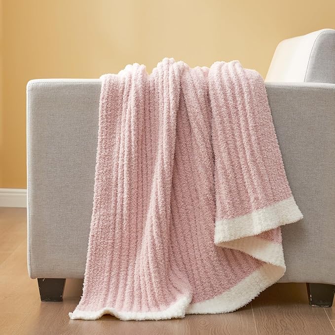 Snuggle Sac Spring Pink Throw Blanket for Couch, Soft Cozy Ribbed Fluffy Blankets for Women, Warm Microfiber Knit Cute Throws for Girls Daughter Women Gifts for Mom, Pink, 50x60 inches