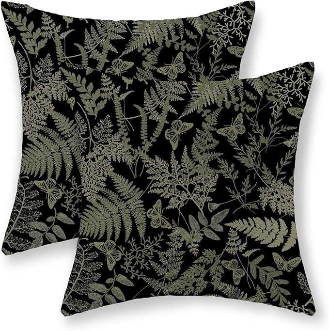 Black Pillow Covers 18x18 Set of 2 Sage Green Wildflower Leaf Plant Decorative Pillowcase Tropical Fern Herbs Botanical Floral Cushion Case Decor Summer Outdoor Throw Pillows for Couch Sofa