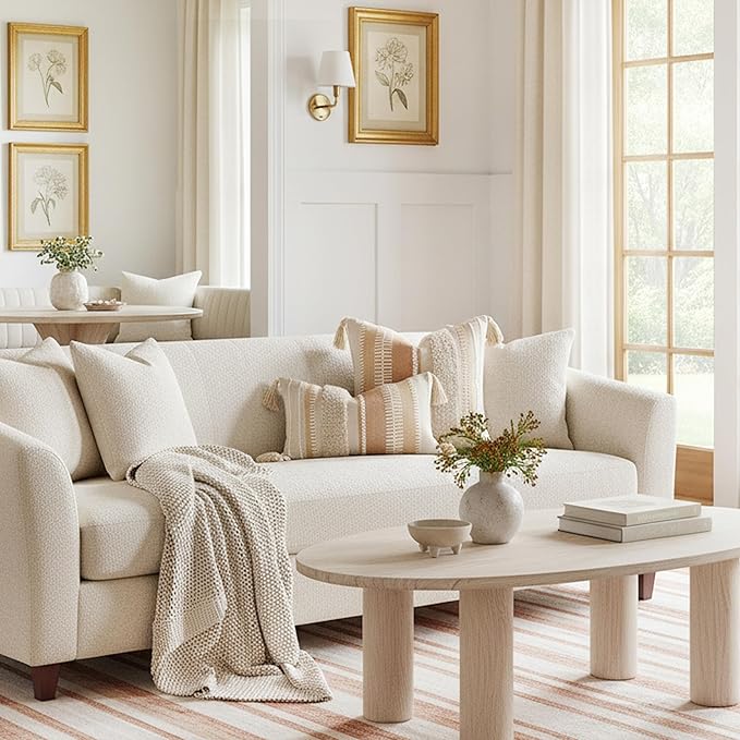 BlissBlush Decorative Throw Pillow Cover 20x20, Neutral Cream Boho Accent Pillowcase with Tufted Texture and Tassels, Beige Square Cushion for Sofa Couch Living Room (Cover Only)