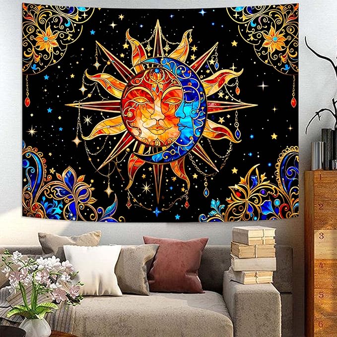 Spenlife Celestial Sun and Moon Tapestry Cosmic Tapestry for Bedroom Astral Tapestries Wall Hanging Bedroom Living Room Wall Art and Home Decor 70x90 Orange