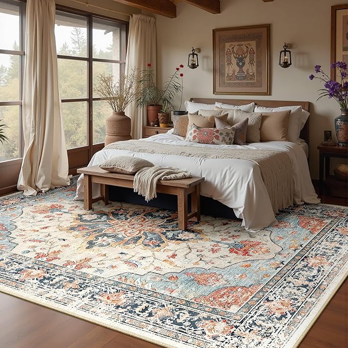 Area Rugs 9'x12' Washable Non-Slip, Floral Vintage Distress Print Pattern Medallion Carpet for Living Room Bedroom Dining Room, Beige Navy Blue Orange Colorful