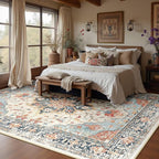 Area Rugs 8'x10' Washable Non-Slip, Floral Vintage Distress Print Pattern Medallion Carpet for Living Room Bedroom Dining Room, Beige Navy Blue Orange Colorful