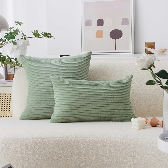 Home Brilliant Sage Green Throw Pillow Covers Couch Spring Pillow Covers Set of 2 Super Soft Striped Corduroy Pillowcases for Chair Couch Decor, 55cm, 22 x 22 Inch, Iceburg Green