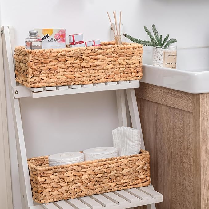 Small Wicker Baskets 2 Pack, Hand Woven Toilet Basket Tank Topper, Toilet Tank Basket for Bathroom Organizing, Water Hyacinth Storage Baskets for Toilet Paper (14.4"Lx6.1"Wx4.4"H)