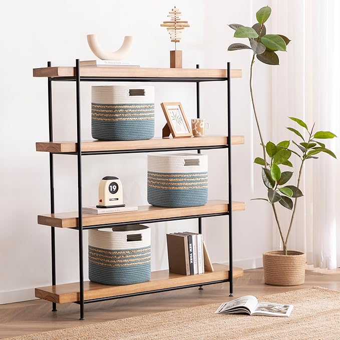 UBBCARE Set of 3 Storage Cubes 11 X 10.5 X 10.5 in, Water Hyacinth Storage Bins for Shelves, Toys, Book, Storage Baskets with Handles, Cotton Rope Woven Baskets for Organizing, Light Blue