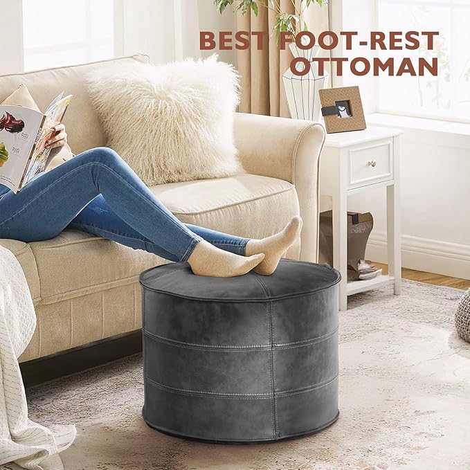 Leather Ottoman,Handmade Stuffed Square Ottoman,Genuine Leather Pouf, Foot Rest Pouf,Comfortable Soft Seating for Living Room & Bedroom (Grey, 1 Round)