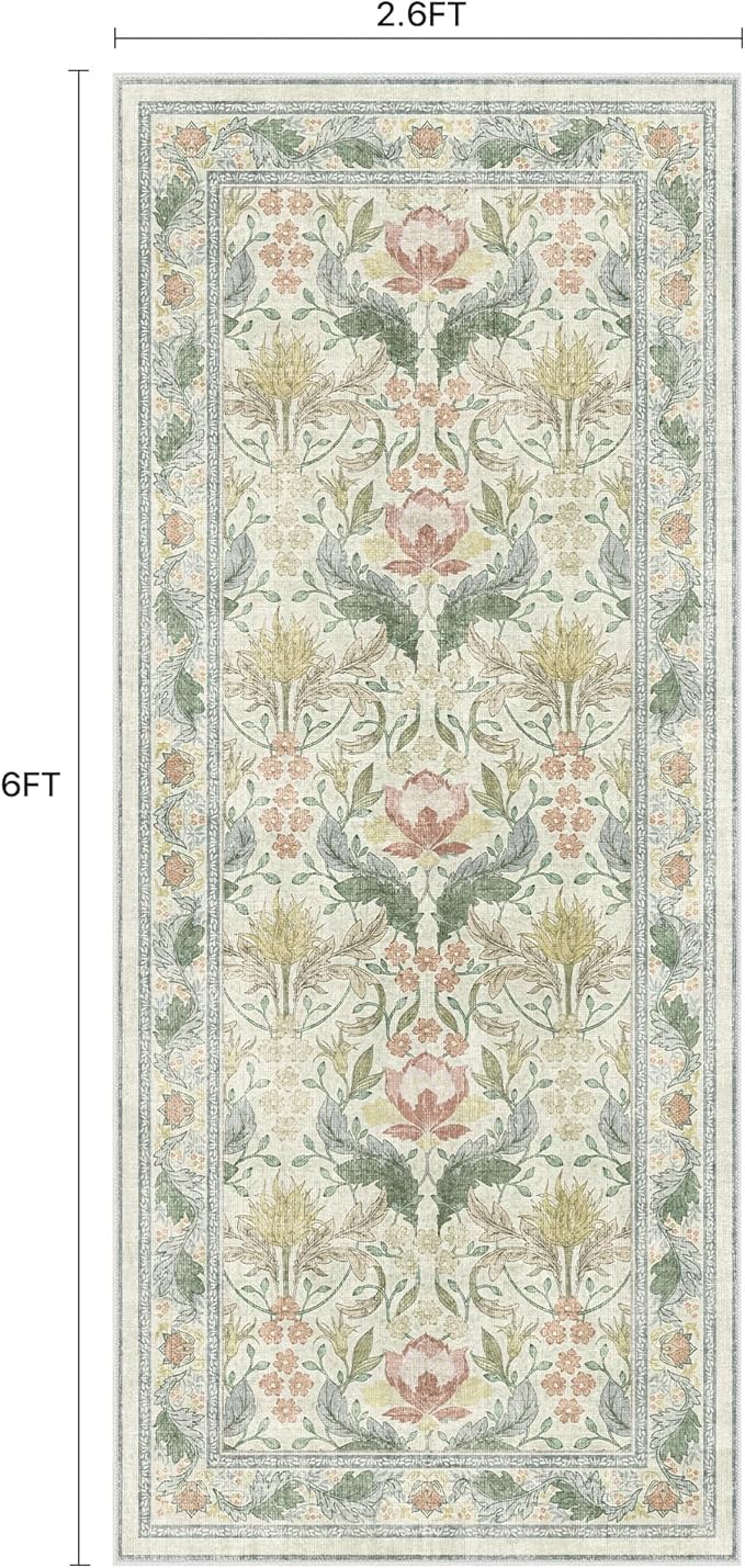 Bavni 2'6''x6 Runner Rug,Microfiber Washable Non-Slip Vintage Floral Rugs,Low Pile Lightweight Carpet for Bedroom,Hallway,Entryway,Kitchen,Bathroom, Beige&Green