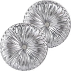 HIG Set of 2 Handcrafted Silver Ruched Round Throw Pillows – 14.5’’ Metallic Leather Decorative Pillows with Soft Polyester Filling for Couch, Bed, Living Room, Bedroom, or Dorm