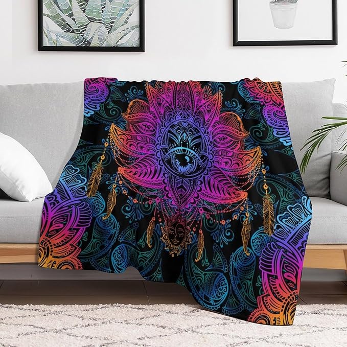 Mandala Boho Throw Blanket Colorful Floral Bohemian Blanket for Sofa Bed Couch Chair Or Dorm 60"x80"