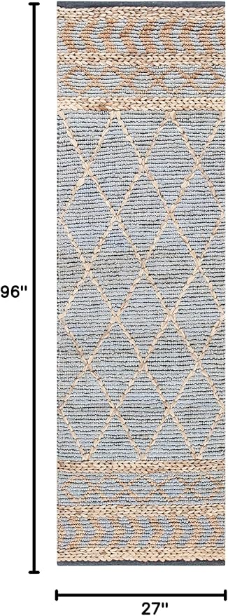 SAFAVIEH Natural Fiber Collection Runner Rug - 2'3" x 8', Natural & Blue, Handmade Boho Moroccan Trellis Jute, Ideal for High Traffic Areas in Living Room, Bedroom (NF955N)
