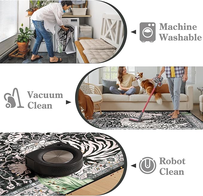 Moynesa Tiger 8x10 Area Rug, Washable Boho Rugs for Living Room, Vintage Large Soft Dining Room Rug, Non Slip Ultra Thin Stain Resistant Floor Carpet for Home Office Bedroom, Black