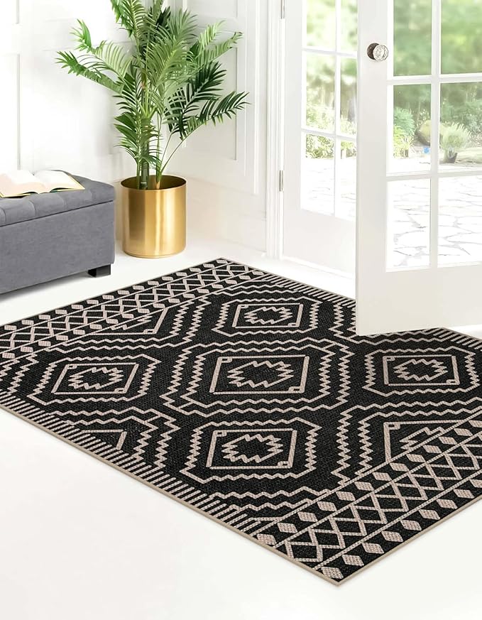 Lahome Bijou Moroccan Easy Jute Carpet, 3x5 Indoor Outdoor Entryway Patio Rug 3x5 Farmhouse Black Washable Living Room Rug, Non Slip Indoor Outdoor Carpet for Patio Courtyard Deck
