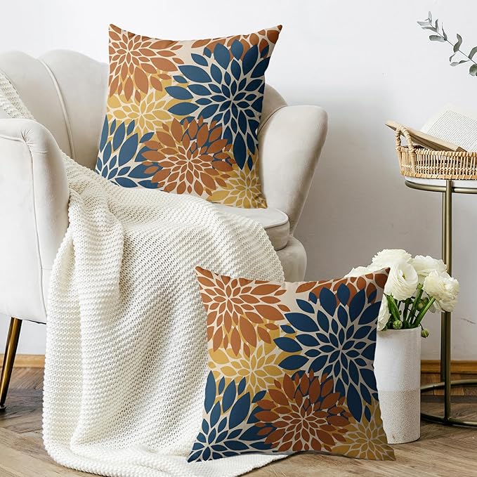 Blue Orange Yellow Pillow Covers 18X18 Inch Set of 2, Fall Colored Modern Geometry Dahlia Floral Print Decorative Throw Pillow Covers Outdoor Farmhouse Cushion Case for Couch Sofa Bed Decor