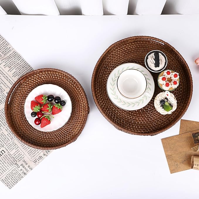 Hipiwe Round Rattan Serving Tray Handwoven Decorative Wicker Basket Trays with Handles Coffee Table Centerpiece Tray Fruit Organizer Basket for Breakfast Drinks Snack, 12 inch