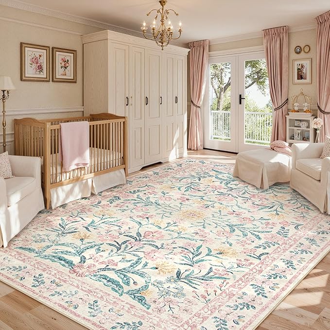 Lahome Sylvie Boho Pink and White Area Rugs 9x12 Living Room, Washable Floral Large Area Rugs for Bedroom Kids Playroom, Soft Non-Slip Thin Carpet for Nursery Home Decor, Blush