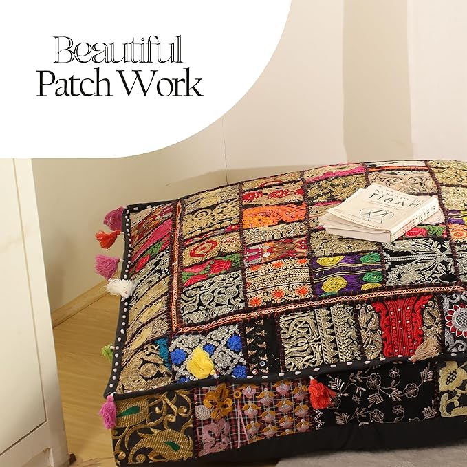 THE ART BOX Cotton Patchwork Vintage Boho Embroidered Floor Pillows & Cushion Cover Dog Pouf Seating Pouf Meditation Pillow Pet Bedding Cat Bed Boho Home Décor (35x35 Inches, Cover Only)