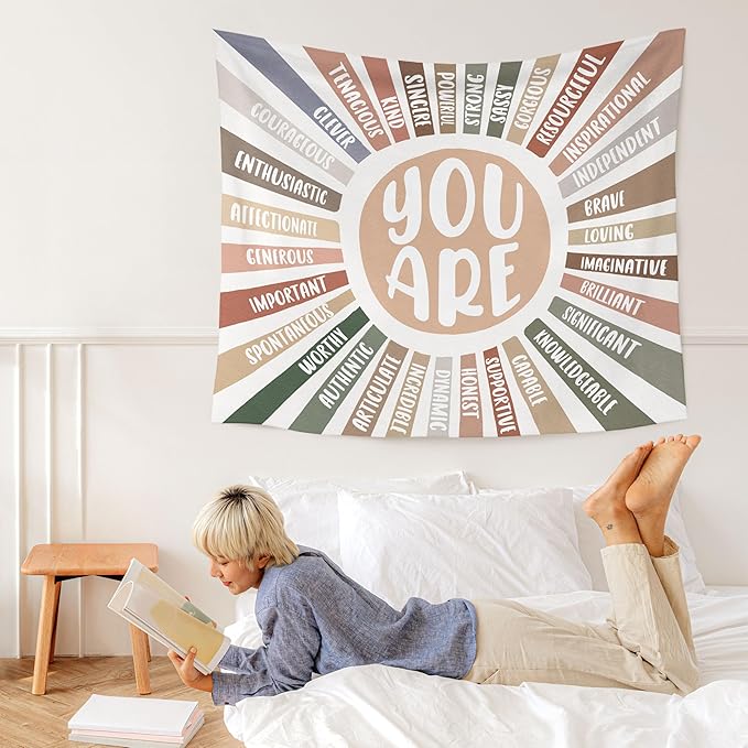 WARDOS Boho Colorful Sunshine Tapestry, You Are Inspirational Tapestry Wall Hanging, Colorful Boho Sun Positive Affirmation Wall Blanket Decor for Kids Room Nursery Playroom Classroom, 50x60 Inch