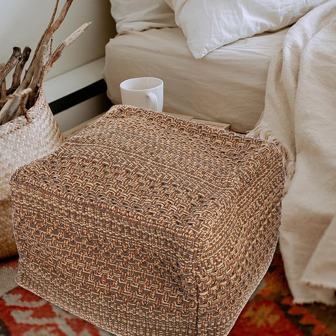 VOSAREA Pouf Ottoman Square Pouf Cover, Khaki, Cotton, Linen