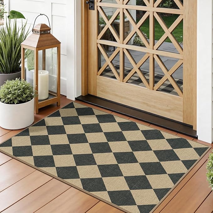 Lessymo Checkered Easy Jute Entryway Rug, 2x3 Washable Area Rug Non Slip Front Door Mat, Farmhouse Non Shed Low Pile Indoor Outdoor Carpet for Kitchen Bathroom Porch, Diamond Black/Beige