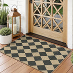 Lessymo Checkered Easy Jute Entryway Rug, 2x3 Washable Area Rug Non Slip Front Door Mat, Farmhouse Non Shed Low Pile Indoor Outdoor Carpet for Kitchen Bathroom Porch, Diamond Black/Beige