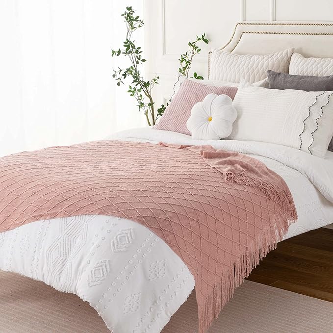 BATTILO HOME Blush Throw Blanket with Tassels, Pink Knit Blanket for Home Decor, Boho Style Textured Knitted Decorative Twin Blanket for Couch, Sofa &Bed, 52"x80"