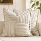 MIULEE Decorative Throw Pillow Covers for Couch Bed Livingroom 20x20 Inch Set of 2 Beige Boho Accent Throw Pllows Broadside Striped Patchwork Soft Corduroy Pillowcases