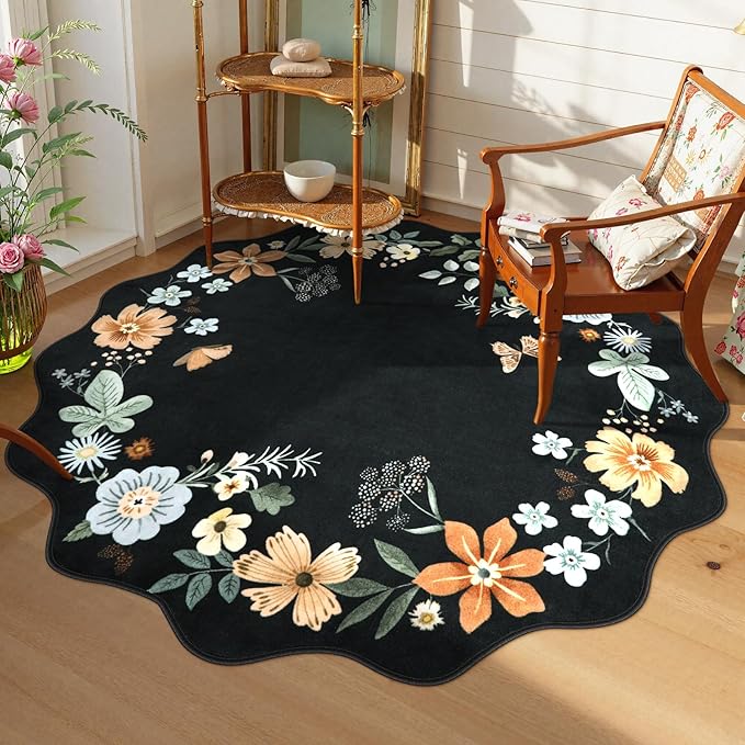 Lahome Floral Washable Round Area Rug, Round Rug 5ft Soft Non-Slip, Non-Shedding Boho Circle Carpet for Bedroom Living Room Bathroom Nursery Kitchen Flore, Black/Grey