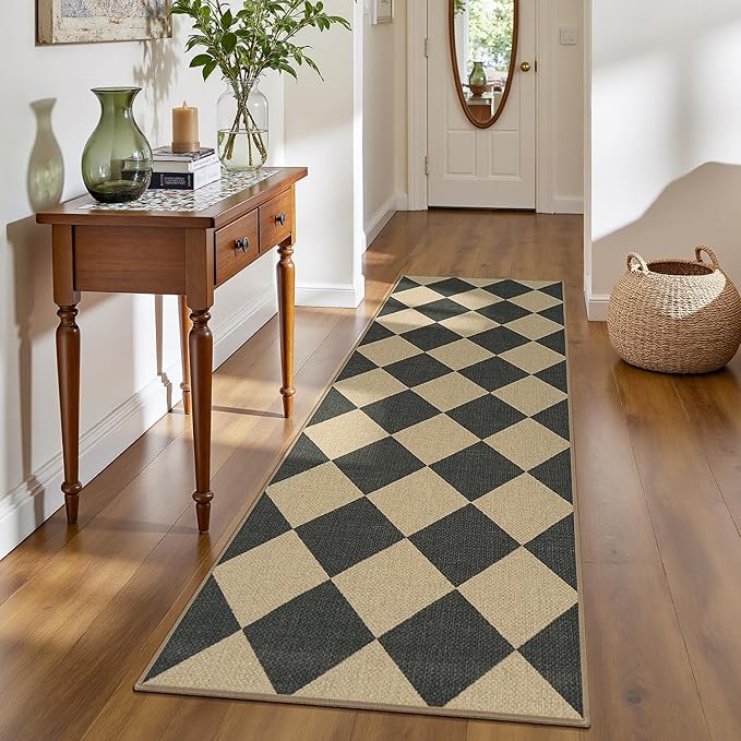 Lessymo Kitchen Runner Rug 2x6, Checkered Jute Rug Washable Non Slip for Entryway Hallway, Farmhouse Diamond Bedside Rugs Indoor Outdoor Carpets for Patio Porch, Black/Beige