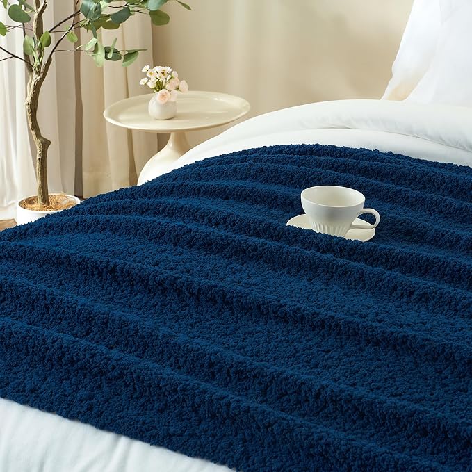 Throw Blanket for Couch, Navy Blue Luxury Knitted Throws 50"x60", Textured Blankets with Handmade Fringe Tassels for Bed Sofa Decorative, Chunky Soft Farmhouse Boho Home Decor